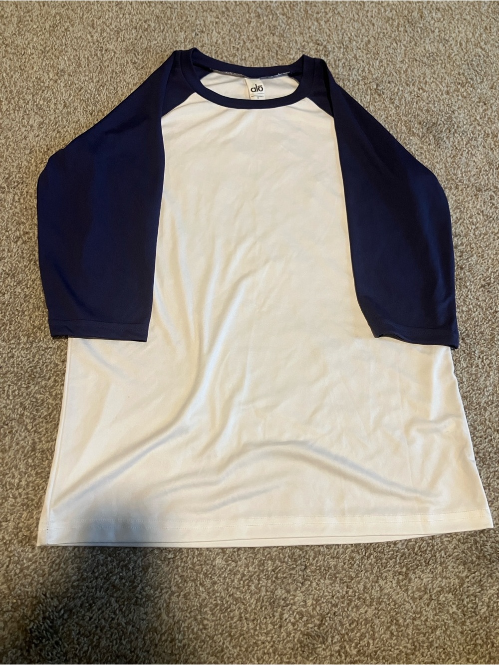 ALO SPORT BLUE AND WHITE BASEBALL RAGLAN TSHIRT 3/4 SLEEVE TEE SIZE L